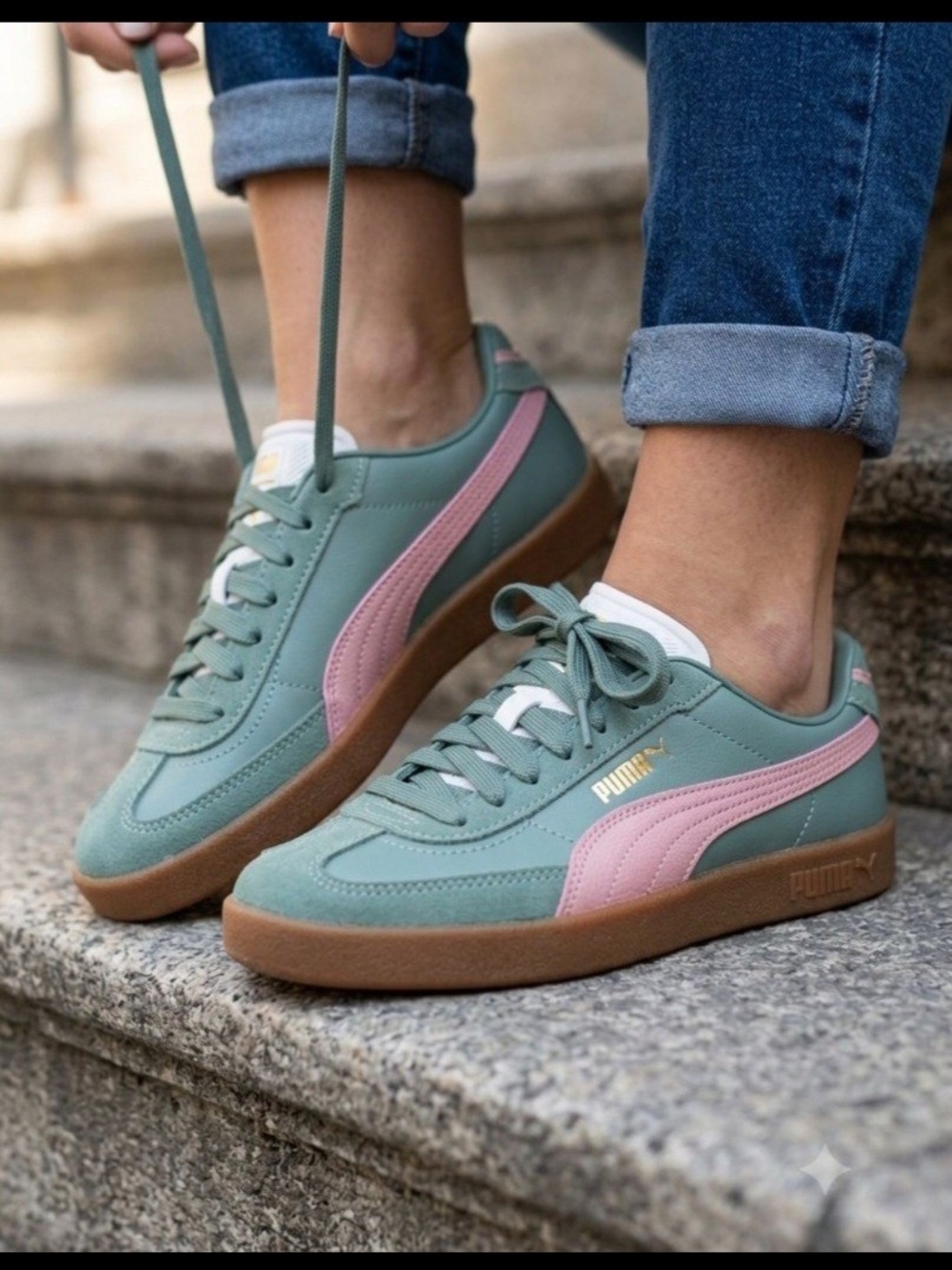 Puma Women's Sage Green & Pink Classic Suede-Style Sneakers. Size 6